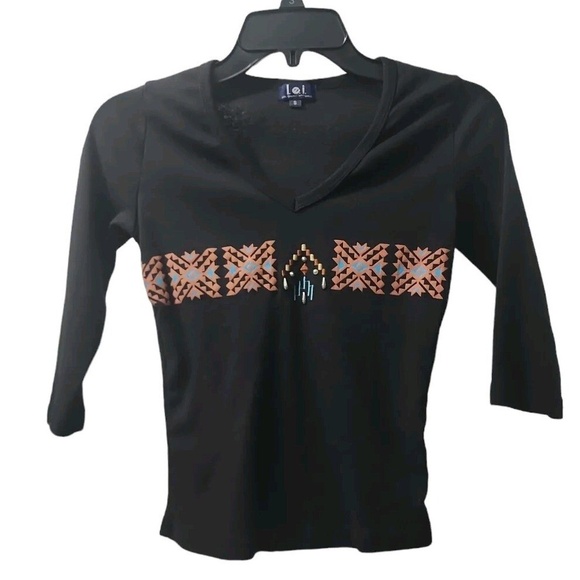 Lei V-Neck Top Aztec Print 3/4 Sleeve Casual Tee Shirt Small - Picture 1 of 5